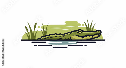 A stylized green alligator with yellow eyes rests partly submerged in water