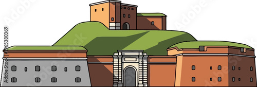 A stylized illustration of a historic stone and brick fort on a grassy hill