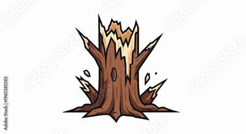 A stylized illustration of a broken, weathered tree stump with jagged splintered edges