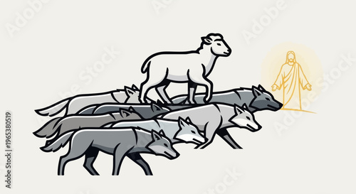 A lone lamb leads a pack of wolves toward a divine, outlined figure
