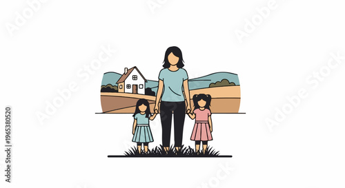A mother and two daughters stand hand-in-hand in front of a rustic home and rolling hills