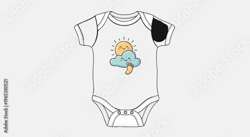Adorable baby bodysuit features smiling sun, cloud, and footprint graphic