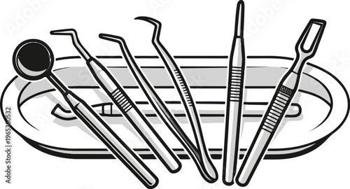 Assortment of dental instruments displayed on a platter