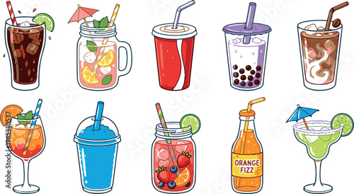 A colorful and vibrant illustration of ten different types of refreshing drinks with straws and umbrellas on a white background