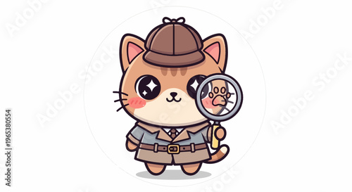 Adorable cartoon cat detective with magnifying glass, looking for clues