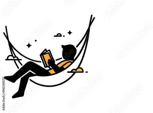 A person is depicted relaxing in a hammock, engrossed in reading a book, with stars