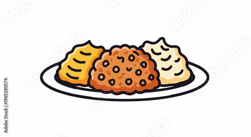 A plate holds three cartoonish mounds of food