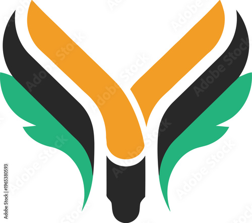 Abstract design featuring stylized wings and a central, dark element.