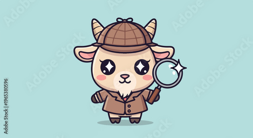 Adorable cartoon goat detective with magnifying glass and hat