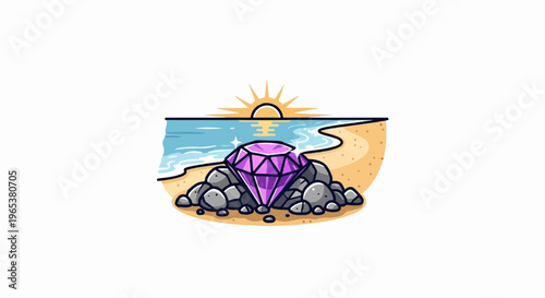 A vibrant purple gem rests on rocks at a sandy shore during sunset