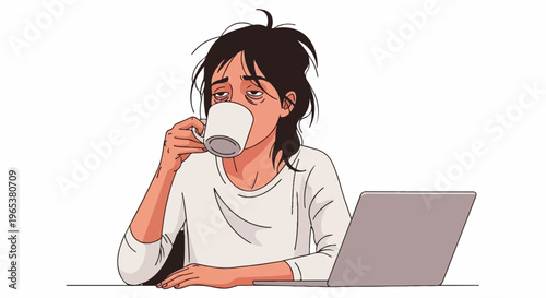 A tired person with messy hair sips coffee from a mug while working on a laptop