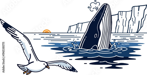 A whale breaches the water near cliffs while a seagull flies in the foreground at sunset