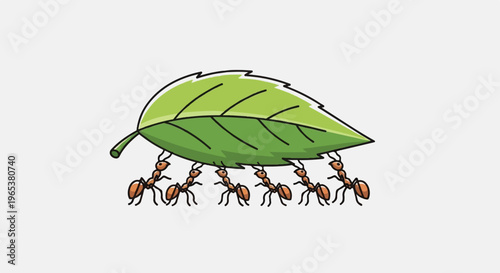 Six ants collectively carry a large green leaf, symbolizing teamwork and strength