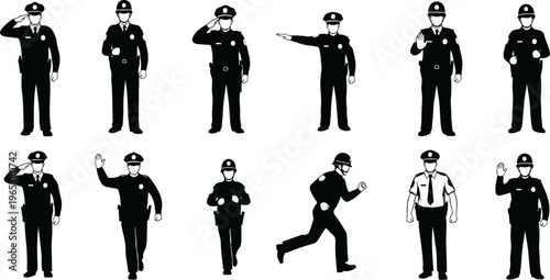 Silhouettes of police officers in various stances and actions