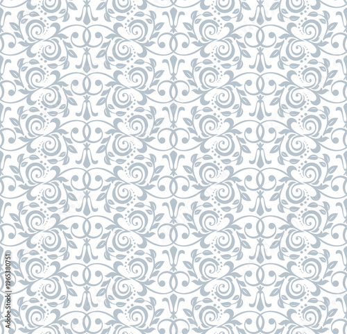 Floral pattern. Seamless vector background. Vintage wallpaper in the Baroque style. White and gray ornament for fabric, wallpaper, packaging. Ornate Damask flower illustration