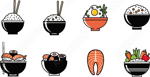 Assortment of Japanese food items in bowls and a salmon steak