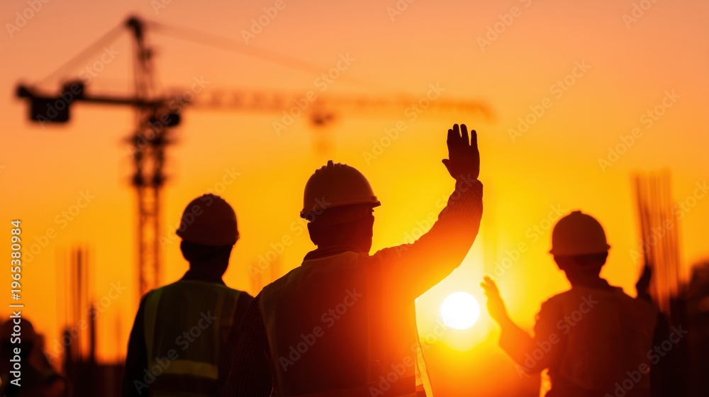 Fototapeta premium Construction workers silhouettes at sunset with cranes, teamwork and industrial development concept