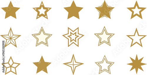Collection of gold stars with varied line styles and fills on a white background