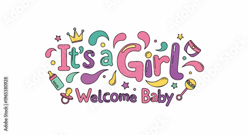 Colorful "It's a Girl" text with baby icons and celebratory shapes