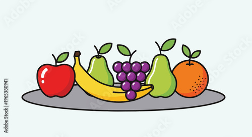 Assortment of fresh fruits red apple, yellow banana, green pears, purple grapes, orange