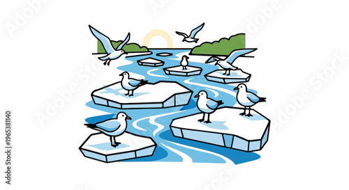 Flock of gulls on ice floes in blue water with sun and green hills