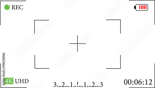 Video recording interface with countdown timer and battery indicator on white background