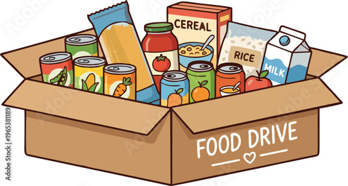 Food Drive Donation Box Cartoon Vector — Open Cardboard Box Full of Canned Goods, Cereal, Rice, Pasta, Milk and Groceries Charity Illustration