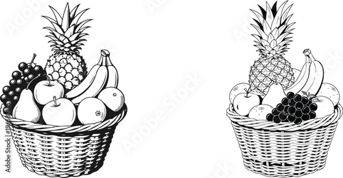 Healthy fruit basket with pineapple apples oranges bananas grapes pears and juicy exotic produce on transparent background.
