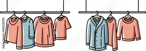Outfits hung on hangers on a rail, some plain, one jacket