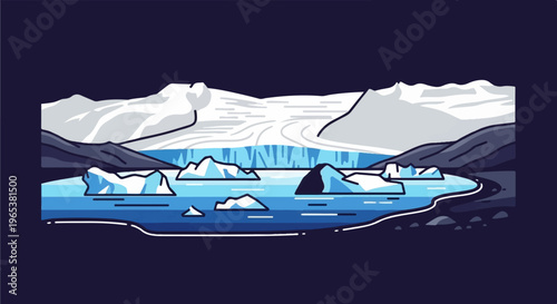 Pixel art of icebergs floating in a blue lake with mountains and a glacier