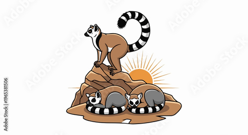 Ring-tailed lemurs bask in the sun atop a rocky outcrop