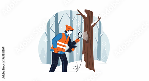 Person with magnifying glass examines a tree in a snowy forest
