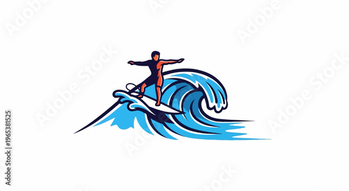 Surfer rides a big blue wave with arms outstretched, dynamic action