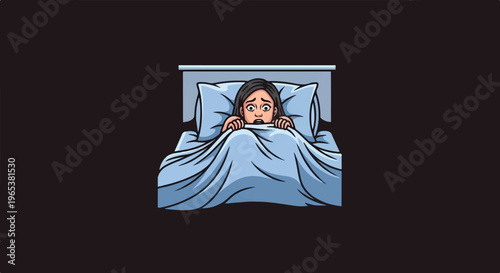 Terrified person hiding under blue blankets in bed at night