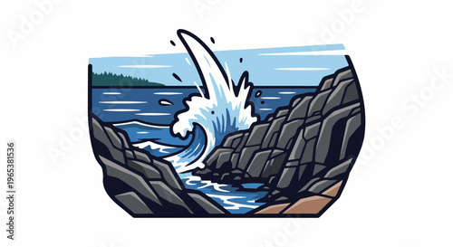 Rugged coastline with a powerful wave crashing against rocky shores