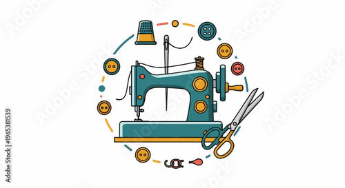 Sewing machine, thimble, scissors, thread, and buttons arranged in a circle