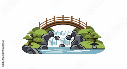 Serene waterfall cascades under a traditional arched bridge with lush greenery