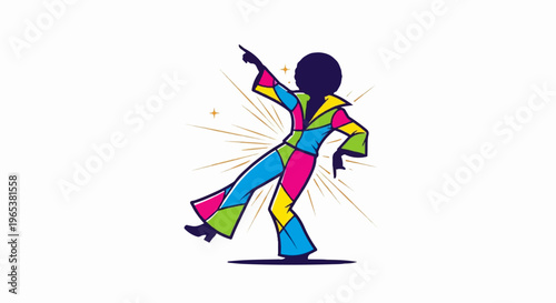 Silhouette dancer in colorful 70s disco suit with sparkling rays