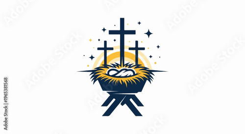 Three crosses above a manger with a baby, surrounded by stars
