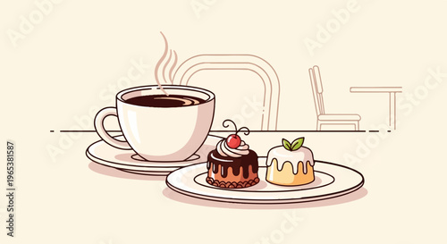 Steaming coffee cup and two delightful pastries on a plate
