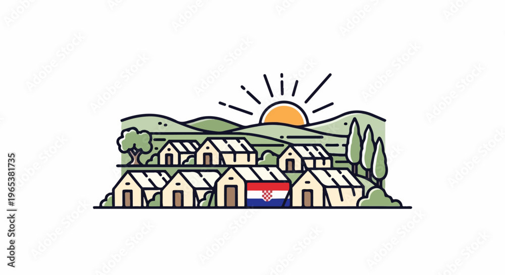 Fototapeta premium Stylized village with Croatian flag and a rising sun over rolling hills