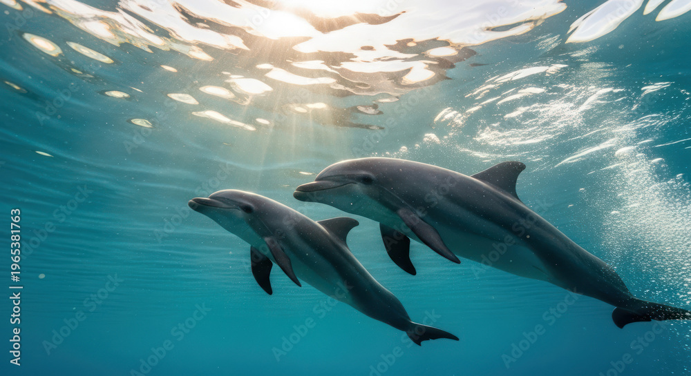 Naklejka premium Two dolphins swimming gracefully in the clear blue ocean water.