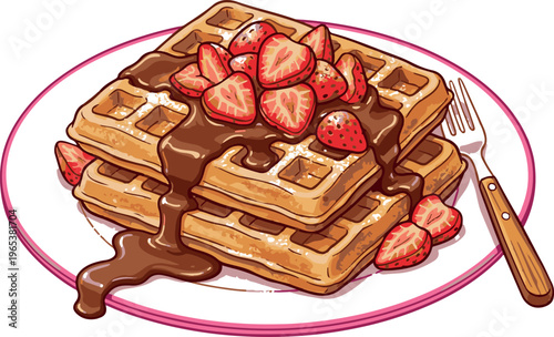 A stack of square waffles with chocolate syrup and strawberries on top served on a white plate
