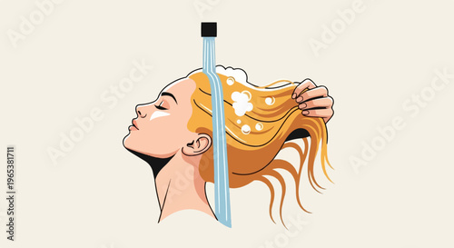 Stylized profile of woman with blonde hair being washed