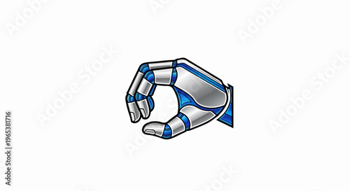Stylized metallic and blue robot hand with articulated fingers