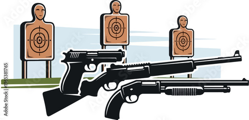 Three silhouette targets stand ready as handguns and a rifle are displayed
