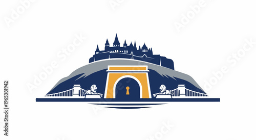 Castle atop a hill with an archway, lions, and a bridge