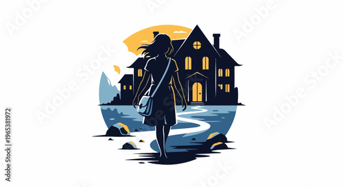 Woman walks toward a silhouetted house at dusk with a curved path