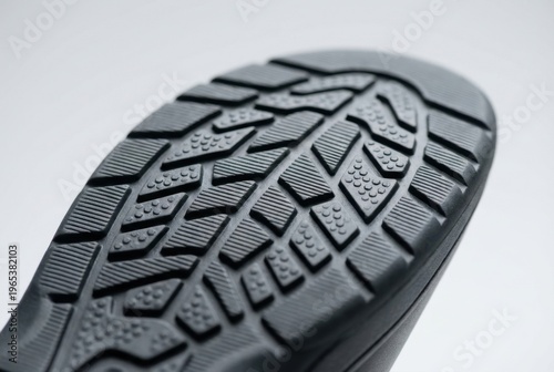 Black rubber shoe sole with tread pattern. Close up of footwear bottom texture. Concept of durable boot grip and traction for outdoor activity, hiking, trekking and industrial protective gear.