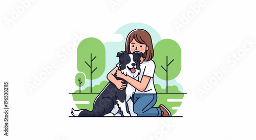 Person embracing a dog in a park with trees and clouds